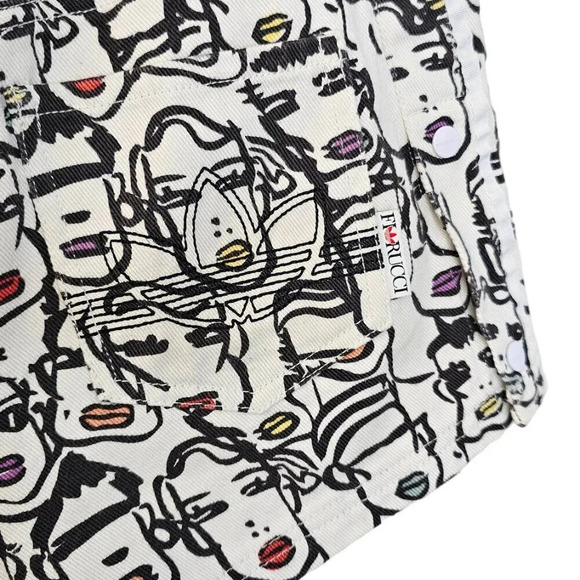 Adidas  x Fiorucci Highlight Shorts Size Small Abstract Art Denim Snap Sides - Picture 6 of 12